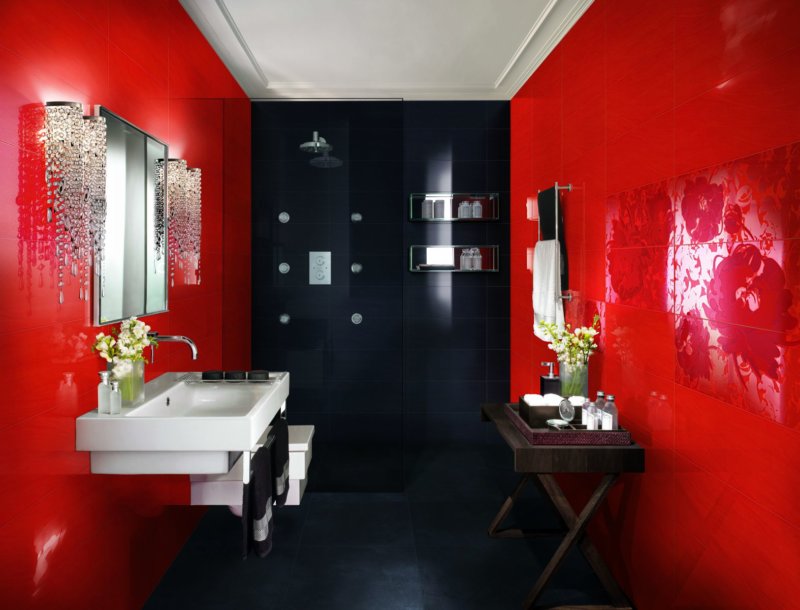 Дизайн ванной комнаты в алом цвете